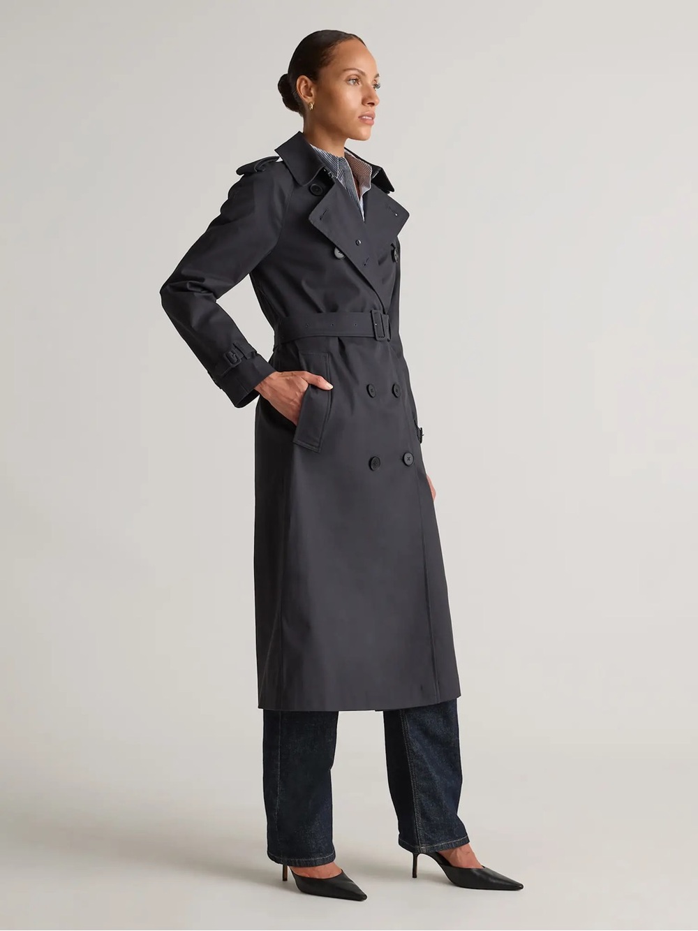 NWT QUINCE Long Trench Coat Organic Cotton Size XL Black - Picture 9 of 17